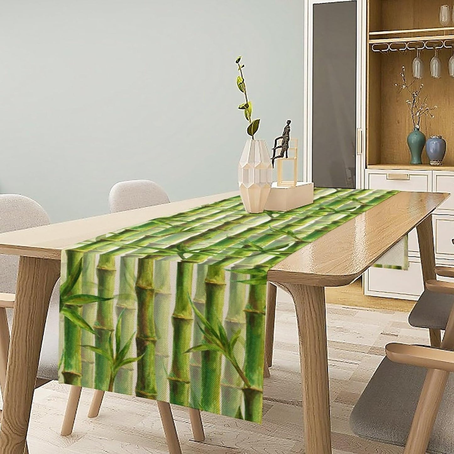 Bamboo Table Runner,Green Plant Print Table Runner for Kitchen Dining Table Home Party Decoration 13x90 Inch