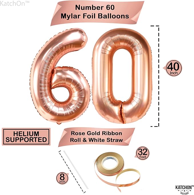 KatchOn, Big Rose Gold Number 60 Balloon - 40 Inch | Mylar Foil 60 Balloon Numbers For Happy Birthday Decorations | Number Balloons With Confetti For Anniversary Decorations | Birthday Party Supplies