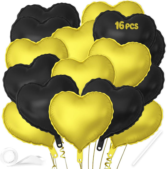 16 Pcs Heart Balloons, 18 Inch Black Gold Love Heart Shaped Foil Balloons for Wedding Anniversary Birthday Party Valentine Decorations Baby Shower Bridal Shower Engagement Decorations Supplies