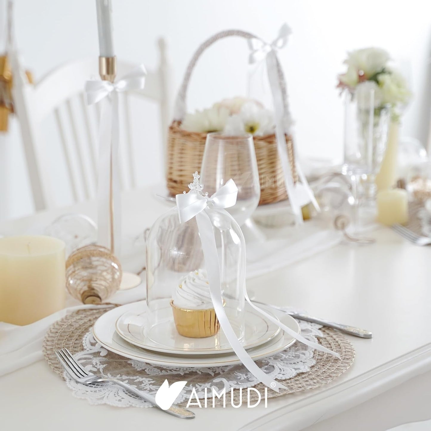 AIMUDI White Bows 5 × 10" Satin Bows for Gift Wrapping Twist Tie Bows Premade Ribbon Bows for Bouquets Invitations Baskets Crafts Wreaths Wedding Birthday Baby Shower Party Decorations, 36 PCs