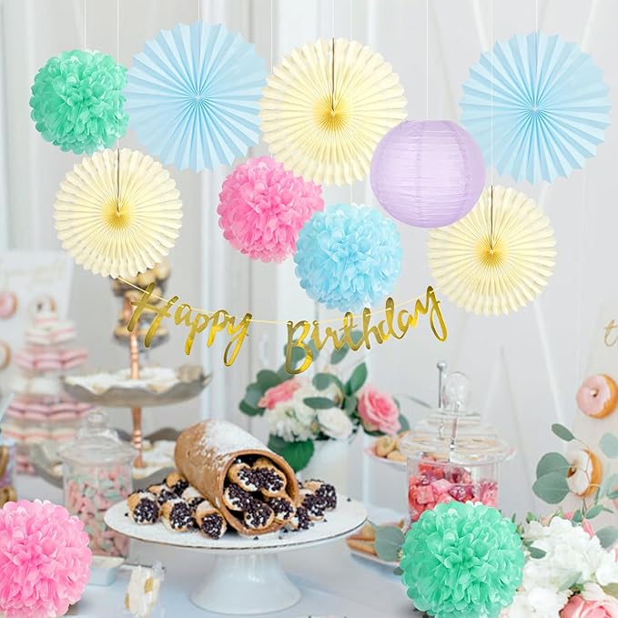 SUNBEAUTY Pastel Birthday Party Decorations for Girls Women with Happy Birthday Banner Pastel Paper Fans Tissue Pom Poms Lantern Decorations Birthday Decorations Kit