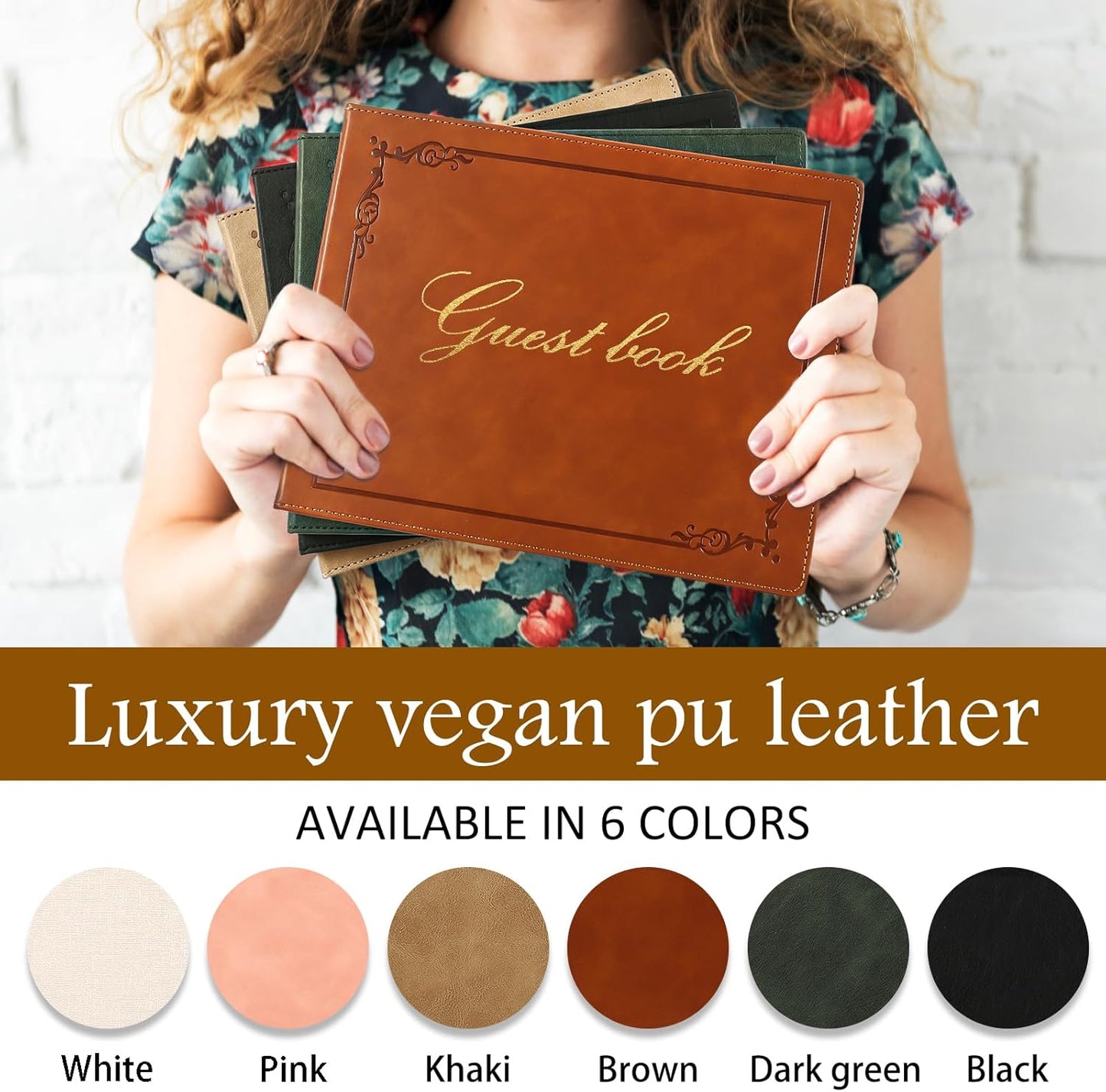 8x10 Leather Guest Book and Standup Sign Set, Gold Foiled Cover Registry Book for Wedding Reception, Retirement Party, Vacation Homes and Events, 120 Sheets (Brown)