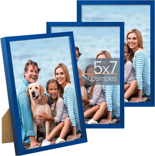 upsimples 5x7 Picture Frame Set of 3, Made of High Definition Glass for 5 x 7, Wall and Tabletop Display Thin Border Photo Frames for Home Decor, Blue