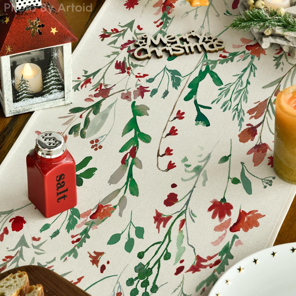 Artoid Mode Floral Leaves Christmas Table Runner, Wild Flowers and Grasses Winter Kitchen Dining Table Decoration for Home Party Decor 13x90 Inch