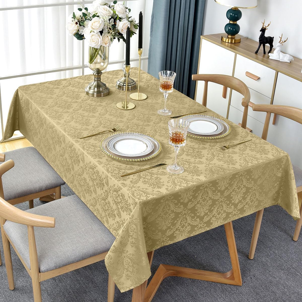 SASTYBALE Jacquard Tablecloth Rectangle 60 x 102 Inch, Waterproof Oil Proof Wrinkle Free Damask Table Cloth, Polyester Table Cover for Dining, Party, Indoor, Outdoor, Gold