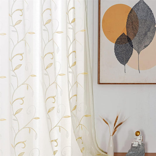 VISIONTEX Sheer Curtains 120 inch Length 2 Panels Set, White Voile Crushed Cream Vine Leaves Embroidery, Rod Pocket Embroidered Window Drapes for Living Room and Bedroom, 54" x 120"