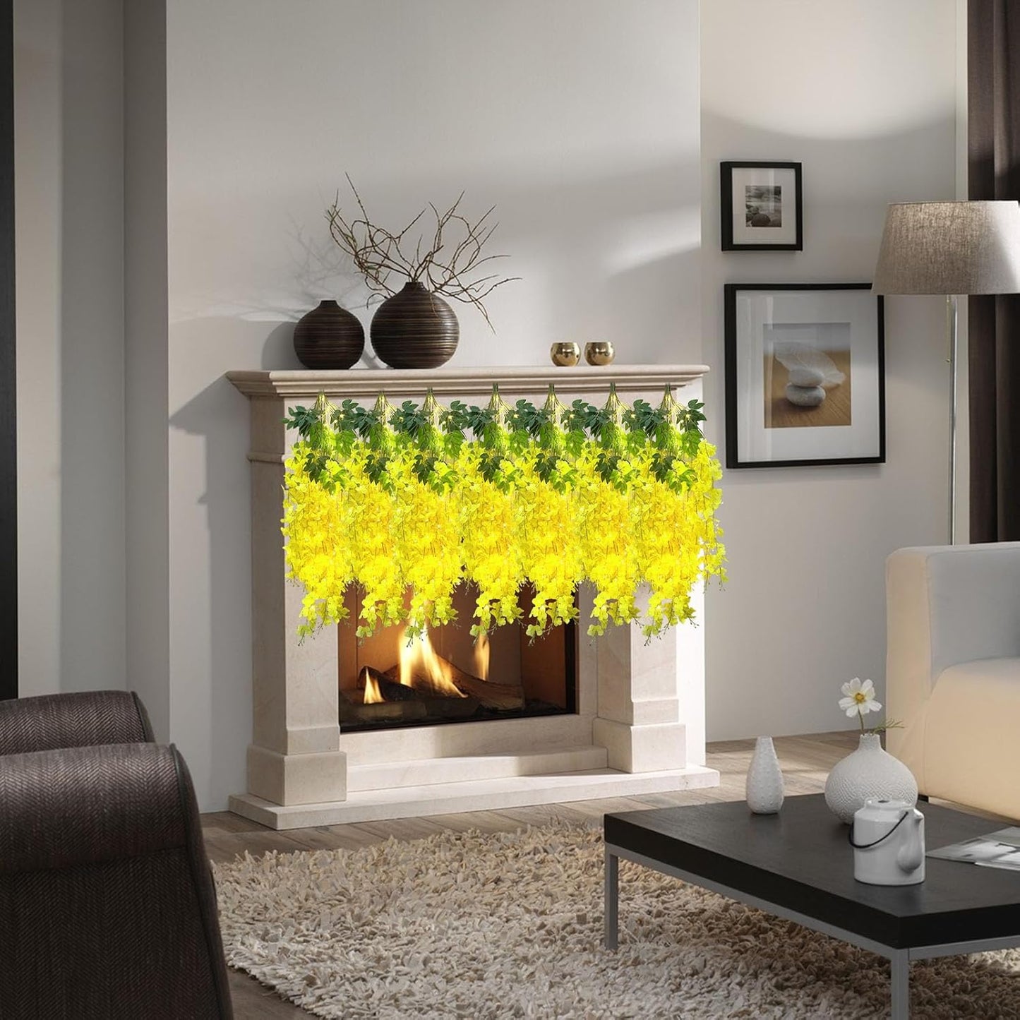 12 Pack Yellow Wisteria Hanging Flowers Garland with Lights, 3.44 Feet Artificial Flower Vines, Fake Wisteria, Artificial Vines Hanging Garland for Backdrop Outdoor Patio Garden Decor