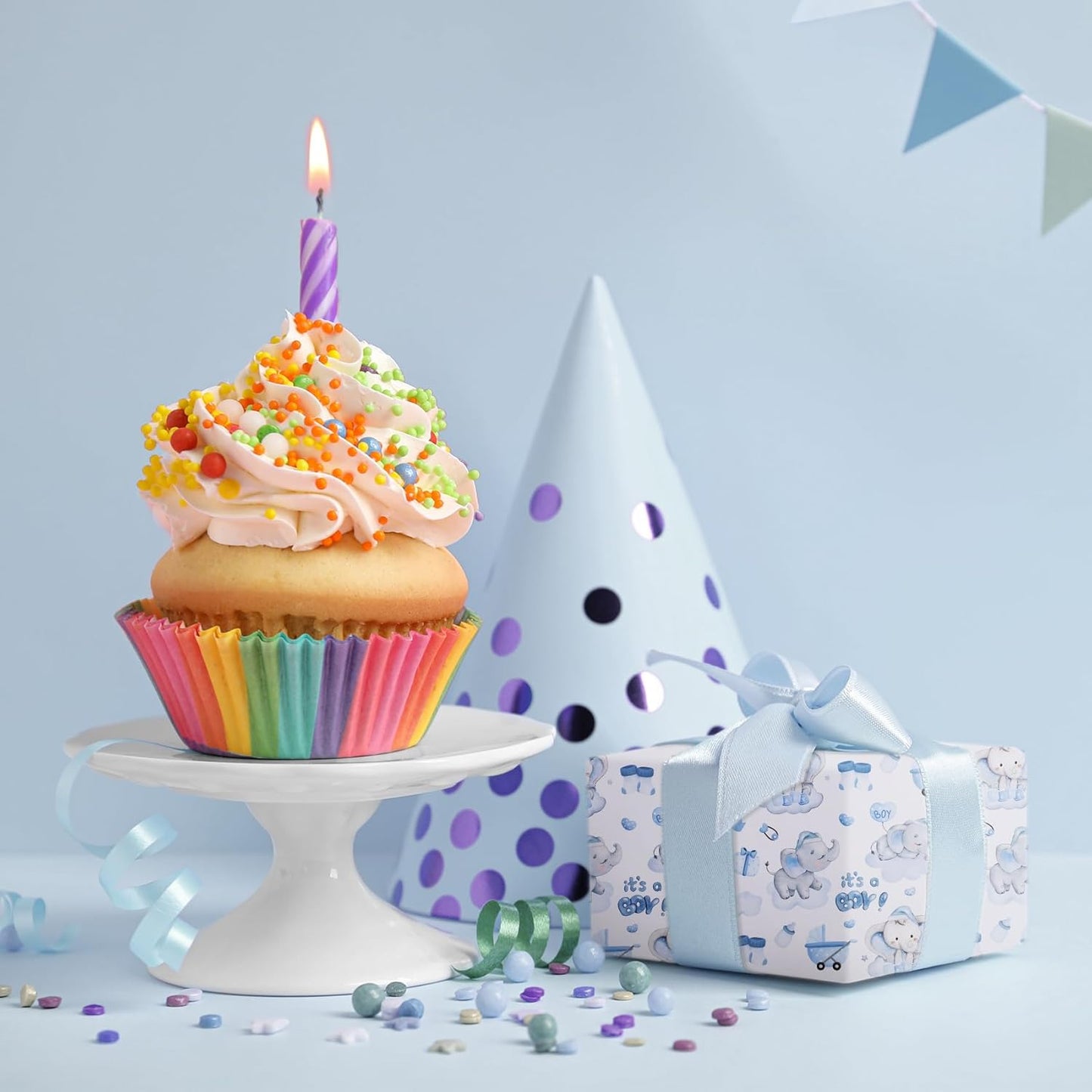 Aimyoo Blue Baby Shower Wrapping Paper Roll - 17 Inch X 32.8 Feet - Cute Elephant with It‘s A Boy Letter Design Perfect for Boys, Birthday, Party