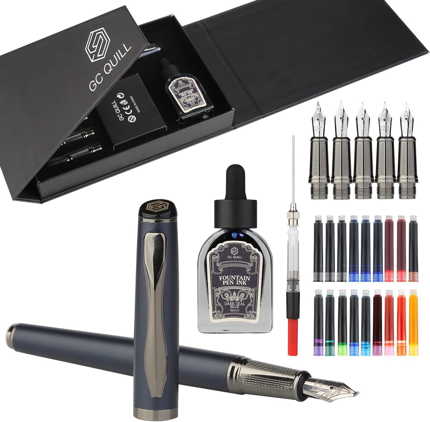 GC QUILL Calligraphy Fountain Pen Set - Includes 5 Nibs, Ink Bottle, Ink Refill Converter and 18 Cartridges, Fancy Pen for Women Men Gift - MU-25