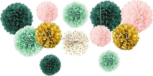 AOBKIAT Decorations Tissue Paper Pom Poms - 12 PCS Green Sage Pink Paper Flower Kit for Engagement Party Wedding Birthday Bridal Shower Bachelorette Baby Shower Ceiling and Party Backdrop Decor