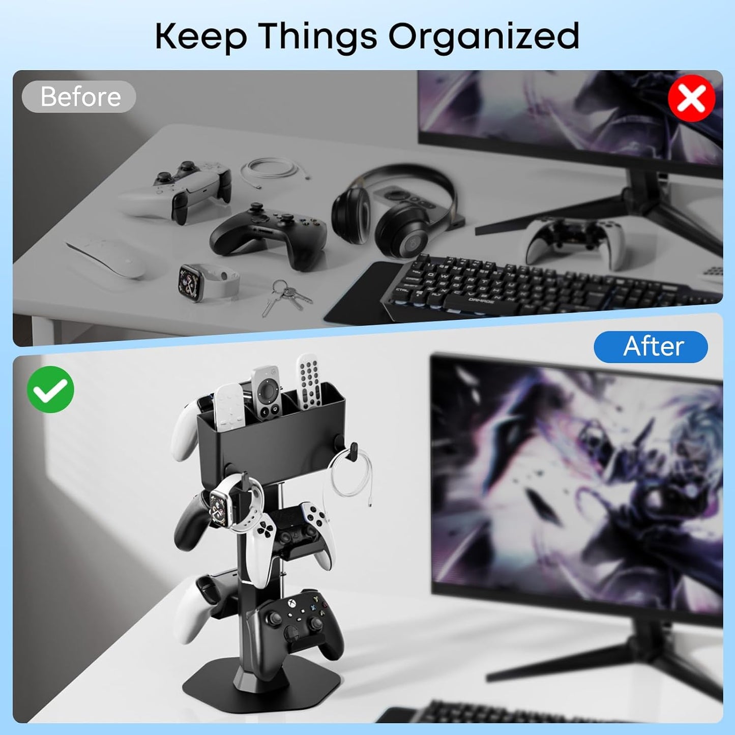 Controller Holder with Remote Control Storage Box, Headset and Controller Stand for Desk, Headphone Stand with Two Hooks for Watch Cable Key Chain, Gaming Accessories for P5/P4/Xbox/Switch