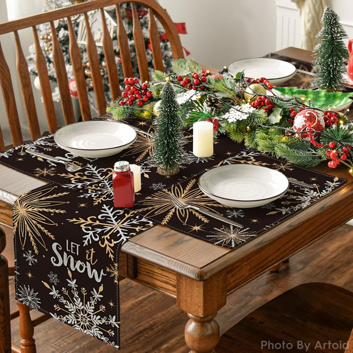 Artoid Mode Black Snowflake Let It Snow Winter Placemats Set of 6, 12x18 Inch Seasonal Christmas Table Mats for Party Kitchen Dining Decoration