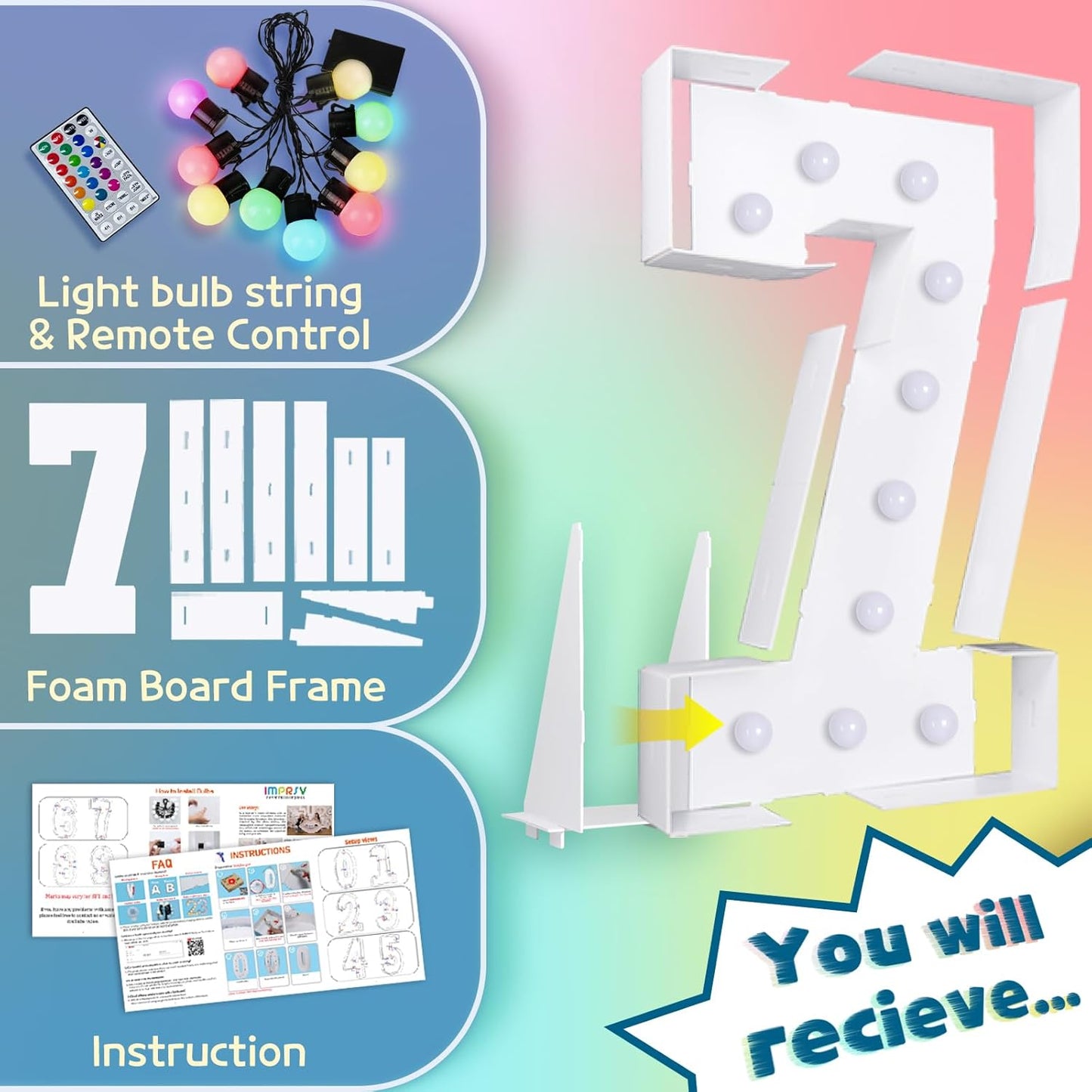 imprsv 4FT Colorful Marquee Numbers,18 Colors Number 7 with Remote, Light Up Numbers Sign for 70th Birthday Decorations Anniversary Party Decor, Pre-Cut Foam Board Kit, Mosaic Sign for Balloon