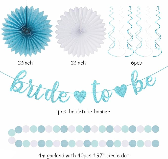 Dusty-Blue White Bridal-Shower Bachelorette Party-Decorations - 22pcs Girls Bride To Be Banner, Light Paper Lanterns Streamers, Tissue Pom Poms Flowers Fans Wedding Decor Backdrop Hugmoon
