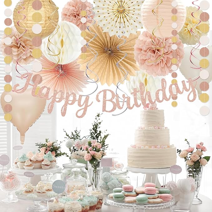 Champagne-Gold Beige Birthday Decorations for Women Girls,Cream Neutral Balloons Décor,Happy Banner,Boho Peach Paper Lanterns Tissue Pom Poms Fan,Anniversary Princess Backdrop Party Supplies