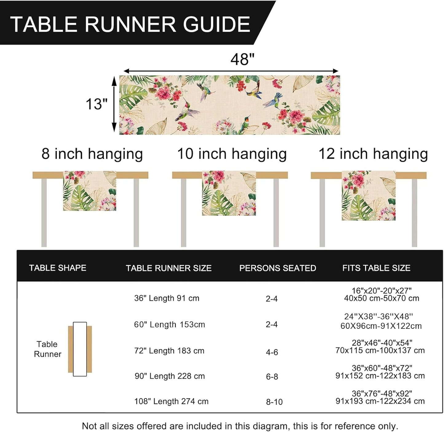 Seliem Summer Tropical Hummingbird Palm Leaf Greenery Table Runner, Spring Birds Home Kitchen Monstera Geranium Flowers Dining Decor, Seasonal Burlap Decorations Anniversary Party Supply 13 x 48 Inch