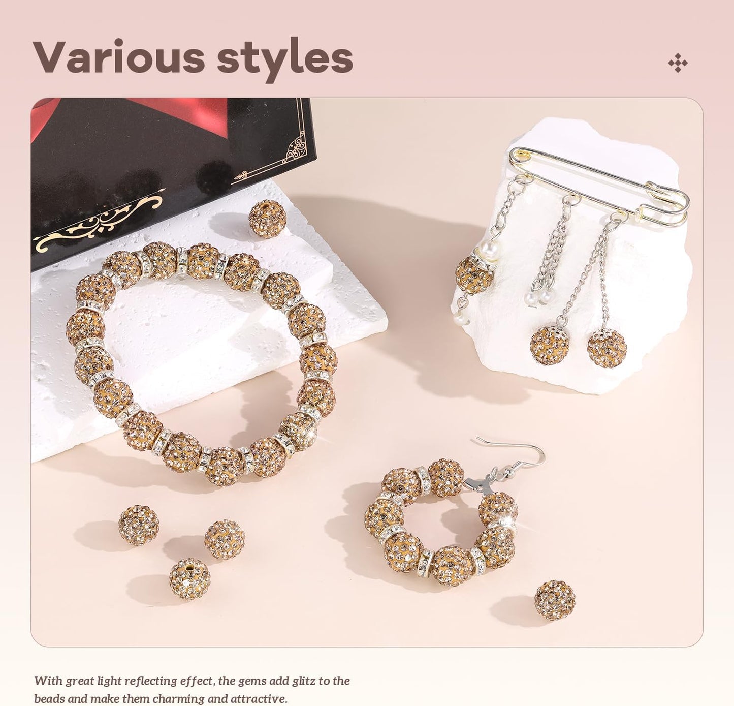 105pcs 10mm Rhinestone Beads for Jewelry Making, Light Brown Shiny Round Disco Ball Beads Bulk, Sparkle Crystal Clay Christmas for Bracelet Baseball Necklace Earring Crafting and DIY