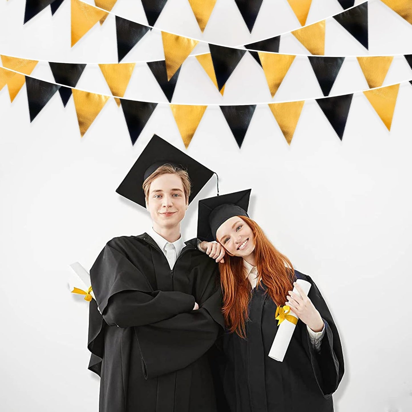 Black and Gold Party Decorations Triangle Pennant Banner Flag Metallic Fabric Bunting Garland for Birthday Graduation Anniversary Wedding Bachelorette Bridal Shower Engagement Hen Party Supplies