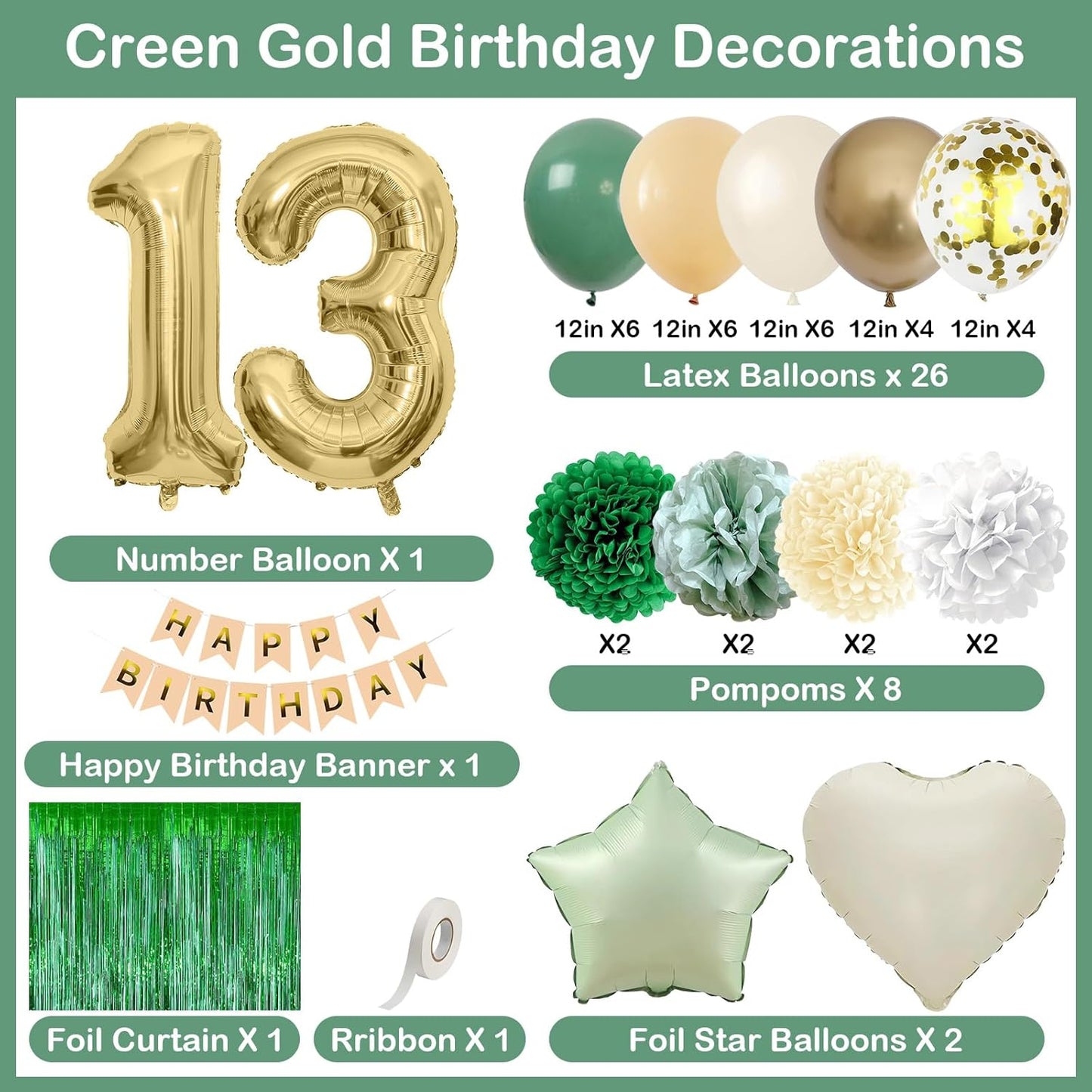 Sage Green 13th Birthday Decorations for Boys Girls Gold Number 13 Balloon Nude Gold Happy Birthday Banner Fringe Curtain Paper Pom Poms Olive Green Cream White Sand Star Foil Balloons Party Decor