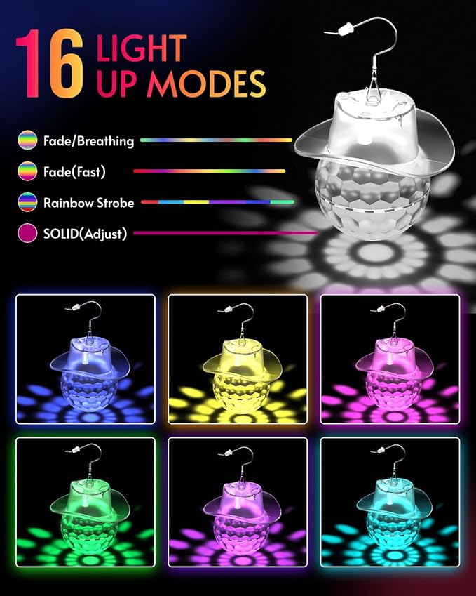 LED Disco Ball Cowgirl Hat Earrings | 16 Light Modes Rechargeable Light Up Earrings for Women, Disco Party & Dance Events Rave Accessories 60s 70s 80s