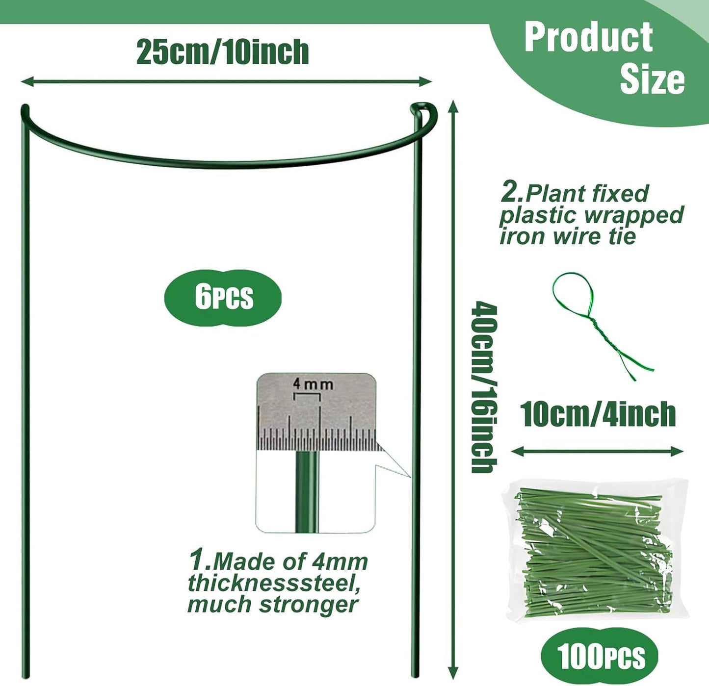 LINGHUI 6 Pack Plant Support Stakes, 10" Wide x 16" High,Heavy-Duty Half Round Peony Support Ring and Cage for Indoor and Outdoor Plants, Peony, Tomato, Hydrangea, Rose(100 Plant Ties)