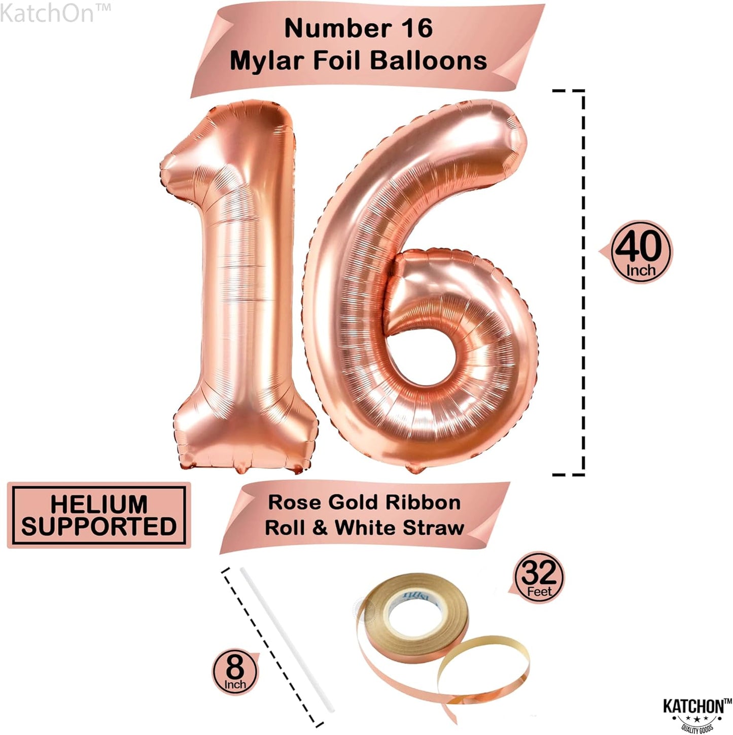 KatchOn, Rose Gold 16 Balloon Numbers - 40 Inch | Foil Balloon For 16th Happy Birthday Decorations for Girls | Rose Gold Balloon For Sweet 16 Party Decorations Anniversary Decoration