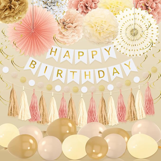 Champagne Gold Fall Boho Birthday Decorations for Women Girls Beige Cream Neutral Party Decorations Happy Birthday Banner, Balloons, Tissue Pom Poms, Paper Fans Streamers Party Decor