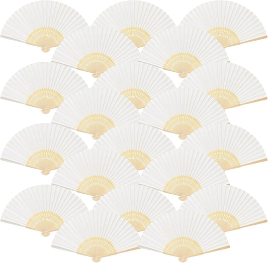 FEPITO 55 Pieces White Handheld Paper Fan Paper Folding Fans with Bamboos for Wedding Gift, Party, Home