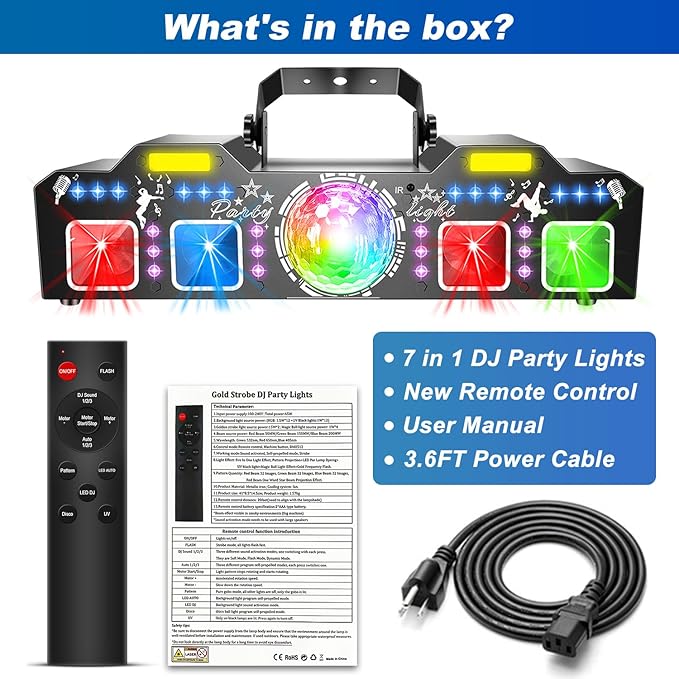 7 in 1 Dj Disco Ball Party Lights with DMX512 and Sound Activated LED Strobe Stage Lighting Show for Parties Indoor Dance Dj Party Karaoke Bars Clubs Christmas Halloween Decorations