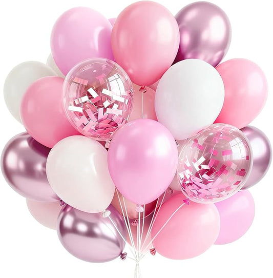 PartyWoo Pink and White Balloons 65pcs 12 Inch Light Pastel Baby Metallic Pearl Pink Matte White Confetti Balloons for Gender Reveal Wedding Bridal Girl Baby Shower Princess Birthday Party Decorations