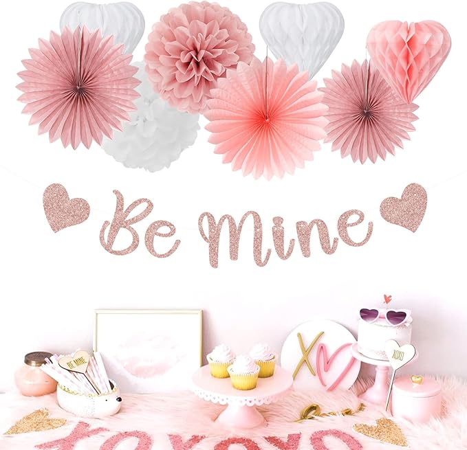 Blush-Light Pink Valentines-Day Galentines Party-Decorations - 22pcs Rose Gold Be Mine Love Banner,White Paper Lanterns Honeycomb Balls,Tissue Pom Poms Flowers Fans,Happy Anniversary Decor Hugmoon