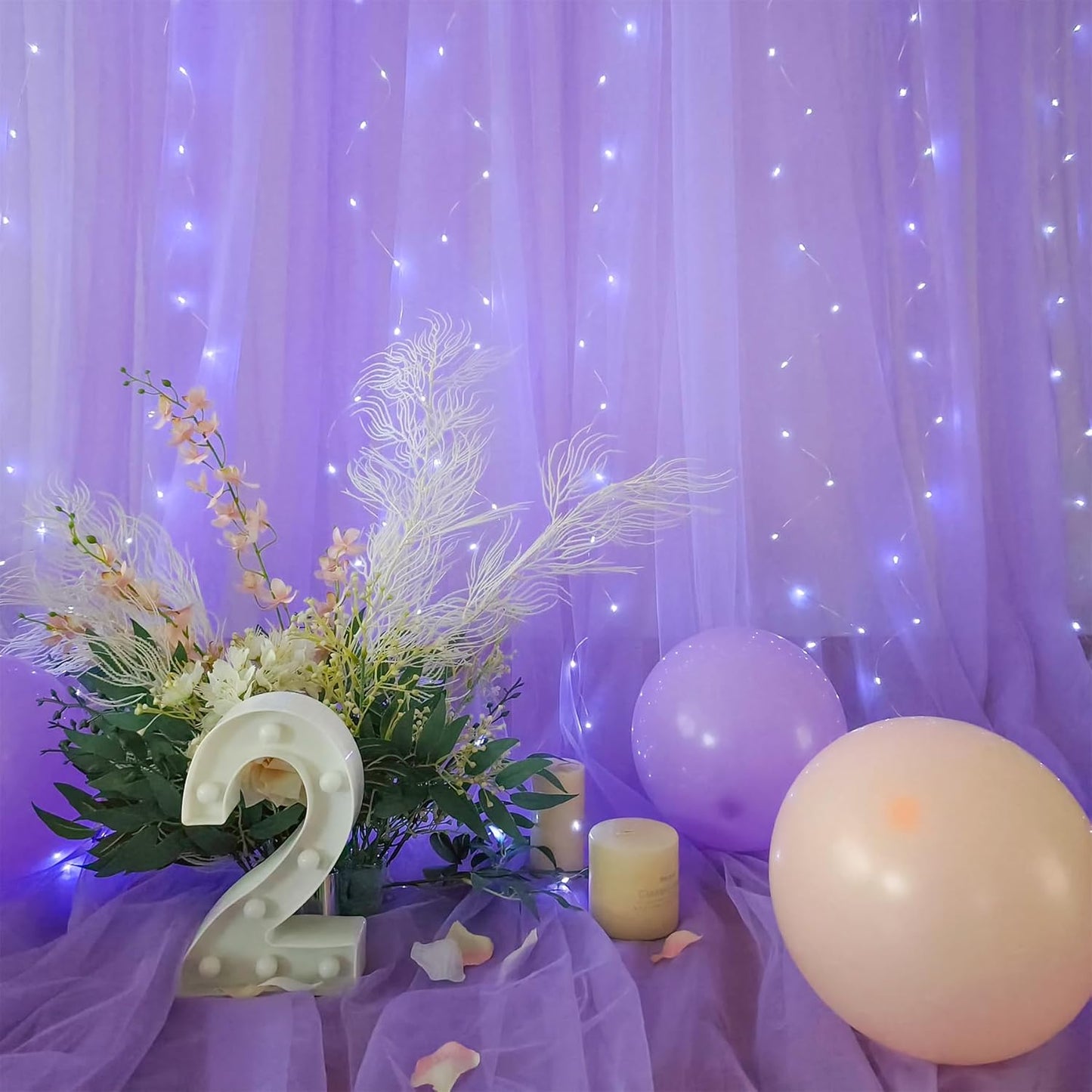 20x10ft Lavender Tulle Backdrop Curtains with Lights for Party Wedding Baby Shower, Sheer Wrinkle Free Backdrop Curtains for Birthday Party Photo Booth Background Decoration