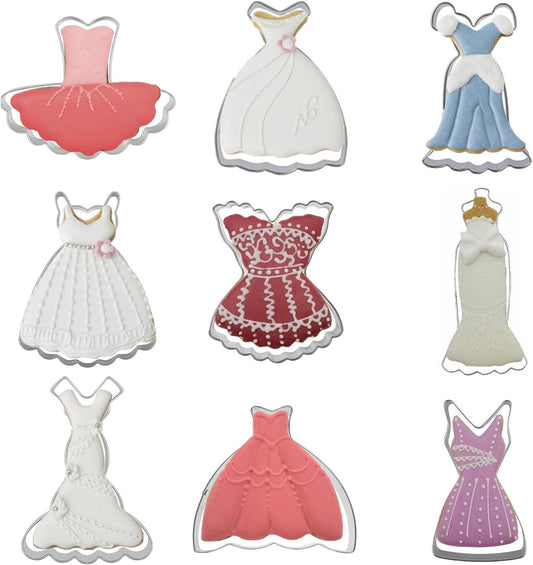 Mini Dress Cookie Cutter Set of 9 pcs, Stainless Steel Mini ONE-BITE SIZE Wedding Dress Shaped Fondant Cutters Baking Molds