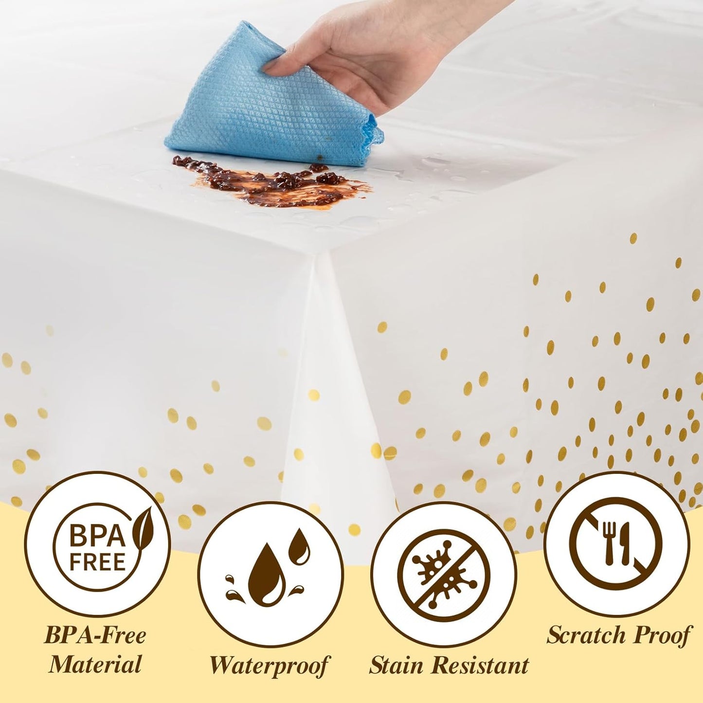 Goodluck 352 Piece Gold Dinnerware Set for 50 Guests, Thanksgiving Square Plastic Plates with Gold Trim, Include: 100 Plastic Plates, 50 Rolled Napkins, 50 Cups, 50 Cutlery Set and 2 Tablecloth