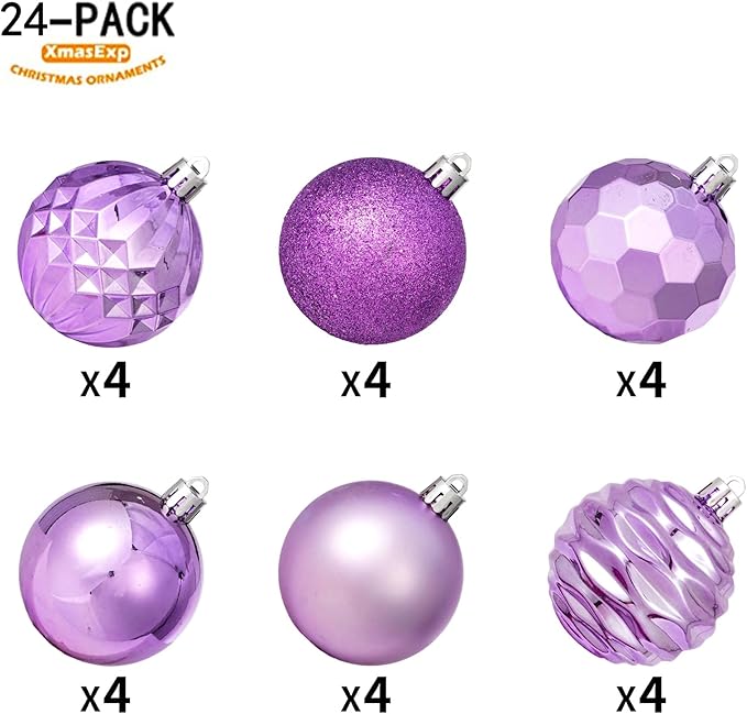 XmasExp 24ct Christmas Ball Ornaments Shatterproof Xmas Tree Hanging Balls Decorations Perfect for Halloween Decorations Holiday Wedding Christmas Decor(2.36"/60mm, Light Purple)
