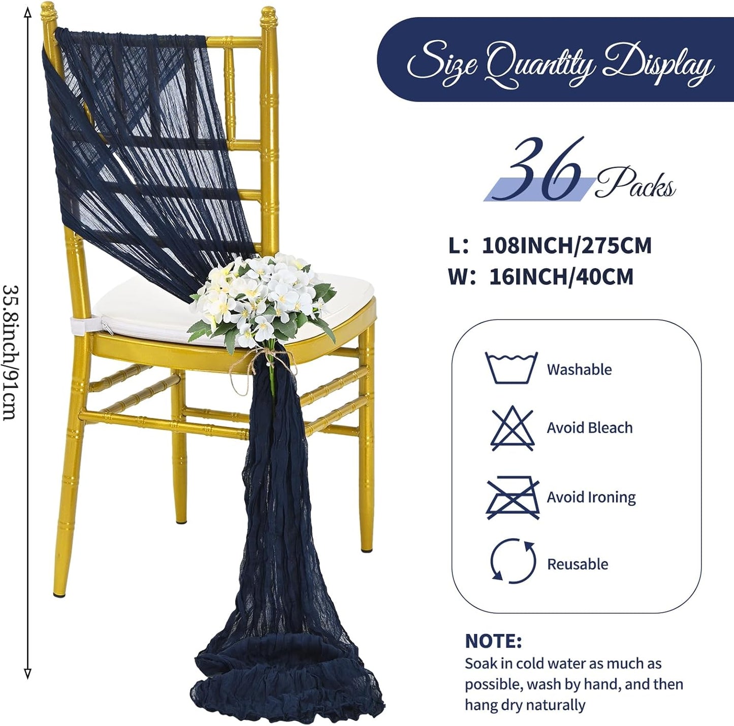 36 Pcs Navy Blue Cheesecloth Chair Sashes, 16 x 108 inch Gauze Fabric Washable Chair Sashes Bows Designed for Aisle Decorations Universal Chair Cover Decor for Wedding Reception Party Banquet