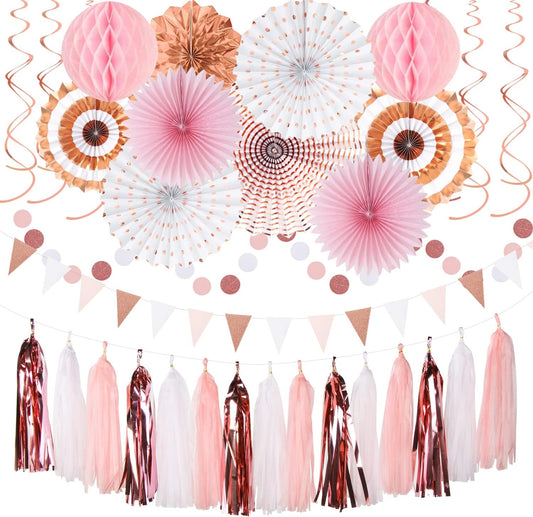 Rose-Gold Pink-White Graduation Party-Decorations - 33pcs Banner,Streamers Tassel Garland,Tissue Pom Poms Honeycomb,Paper Lantern Fan,Birthday Wedding Bridal Baby Shower Bachelorette Engagement Hugtmr