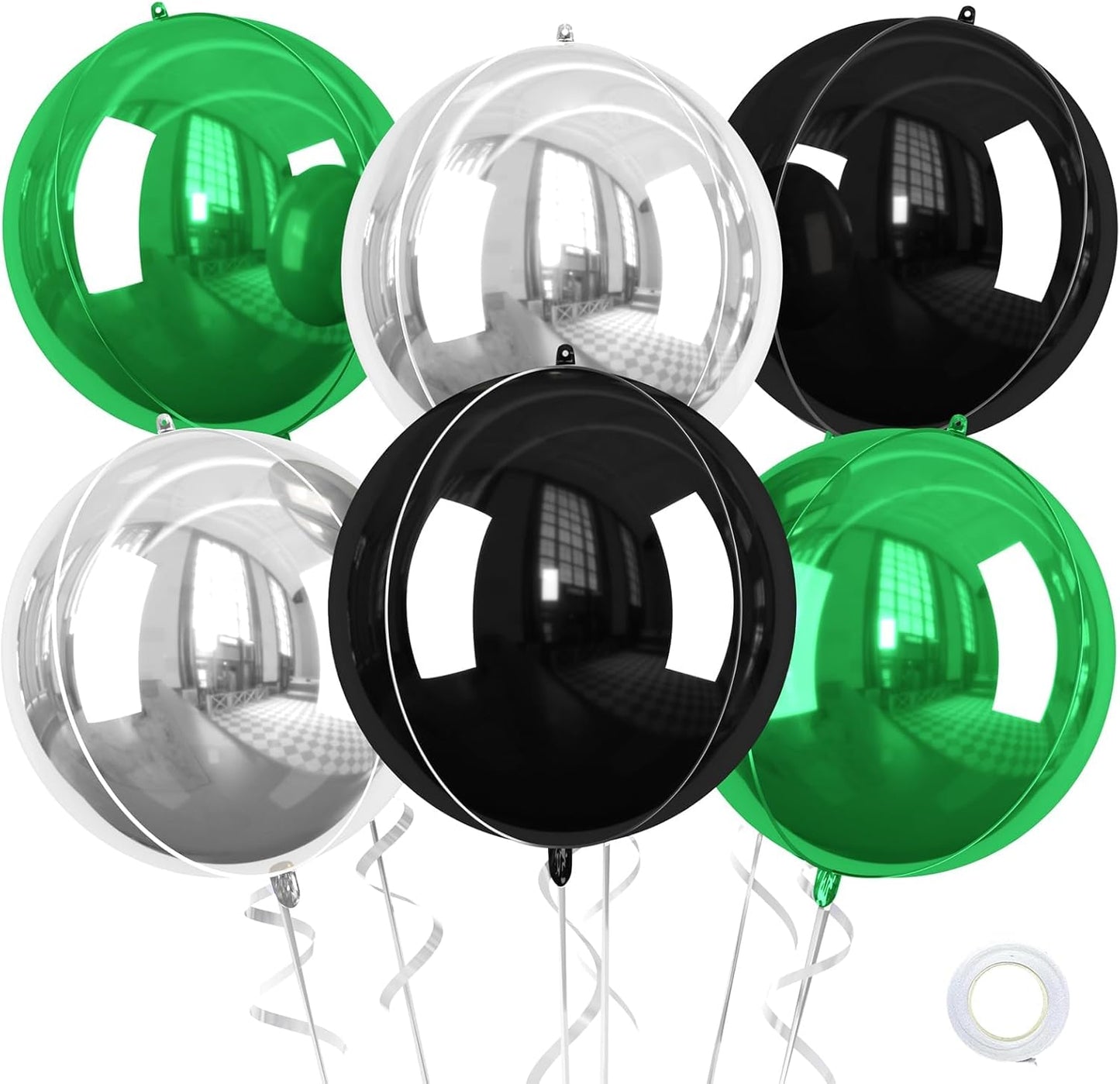 Green Silver Black Giant Foil Balloons, 6 Pcs Large Metallic Green and Black Round Balloons, 22 Inch Big Round Foil Balloon for Birthday Party Baby Shower Graduation Prom Wedding Decorations