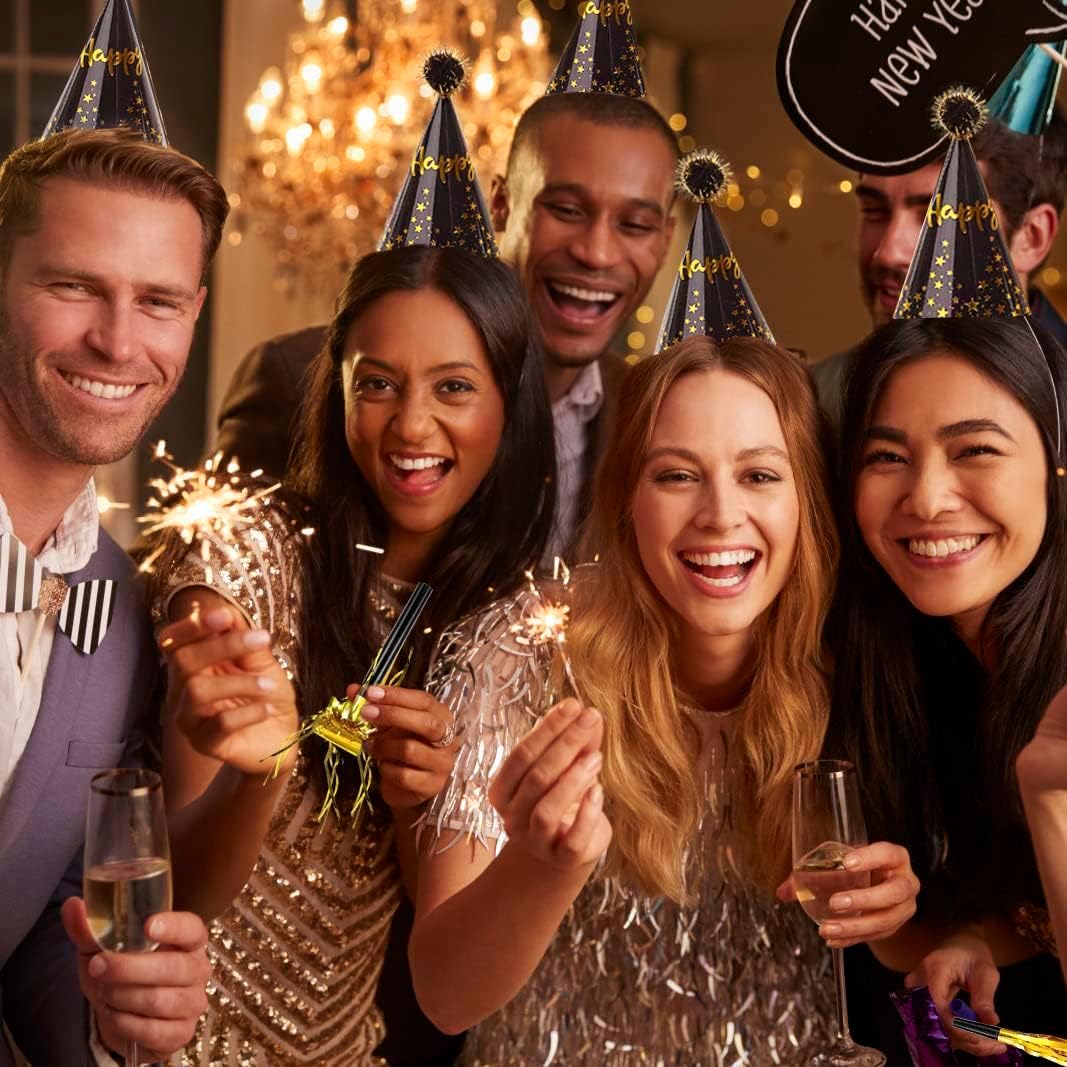 34 Pcs Birthday Party Hats - Gold Cone Hats Including 12 Paper Hats and 22 Noise Makers