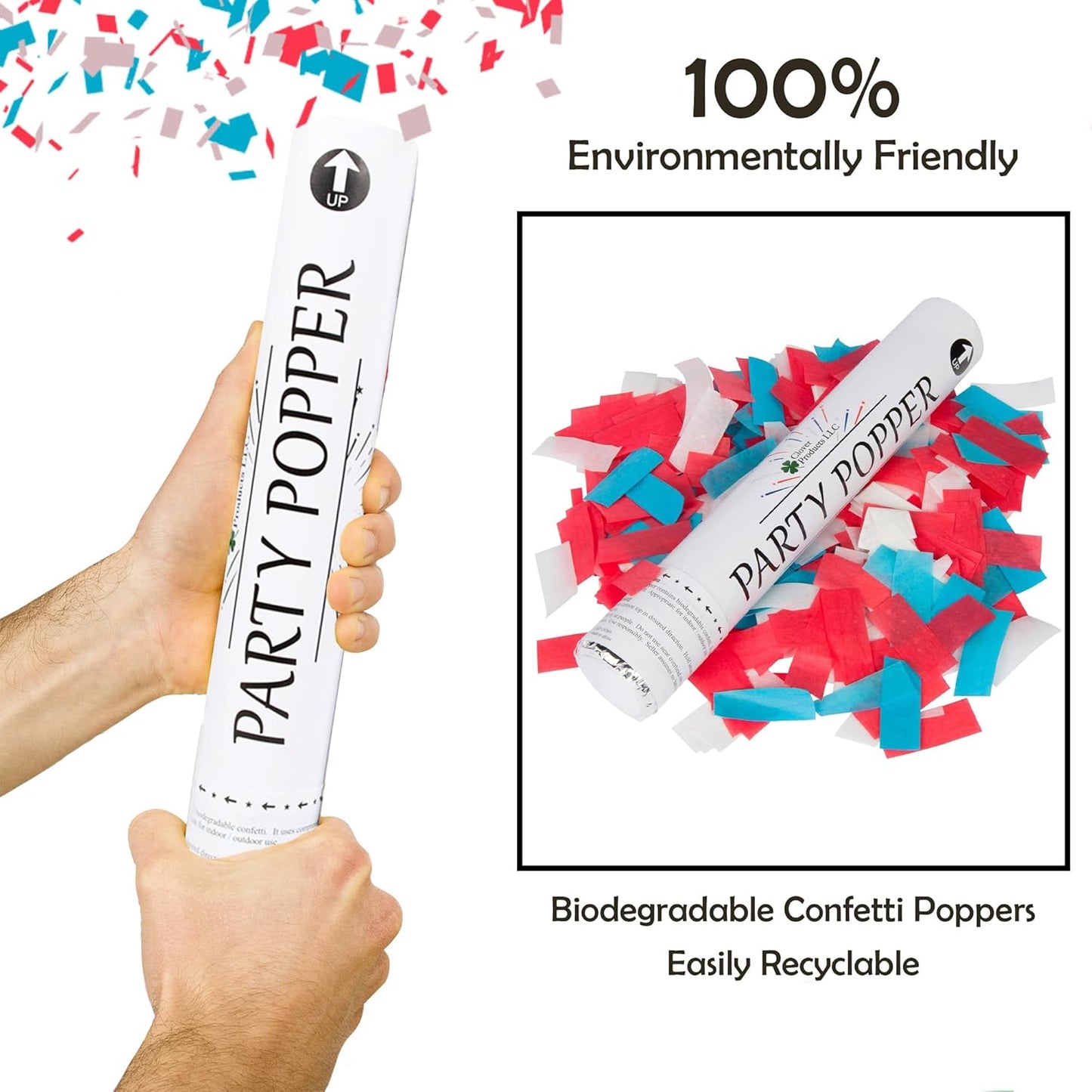 Clover Products Confetti Cannons 6-Pack – Biodegradable Red, White & Blue Party Poppers Launch 25 Feet Patriotic Celebration Supplies for 4th of July, Labor day, Parades, and other Events