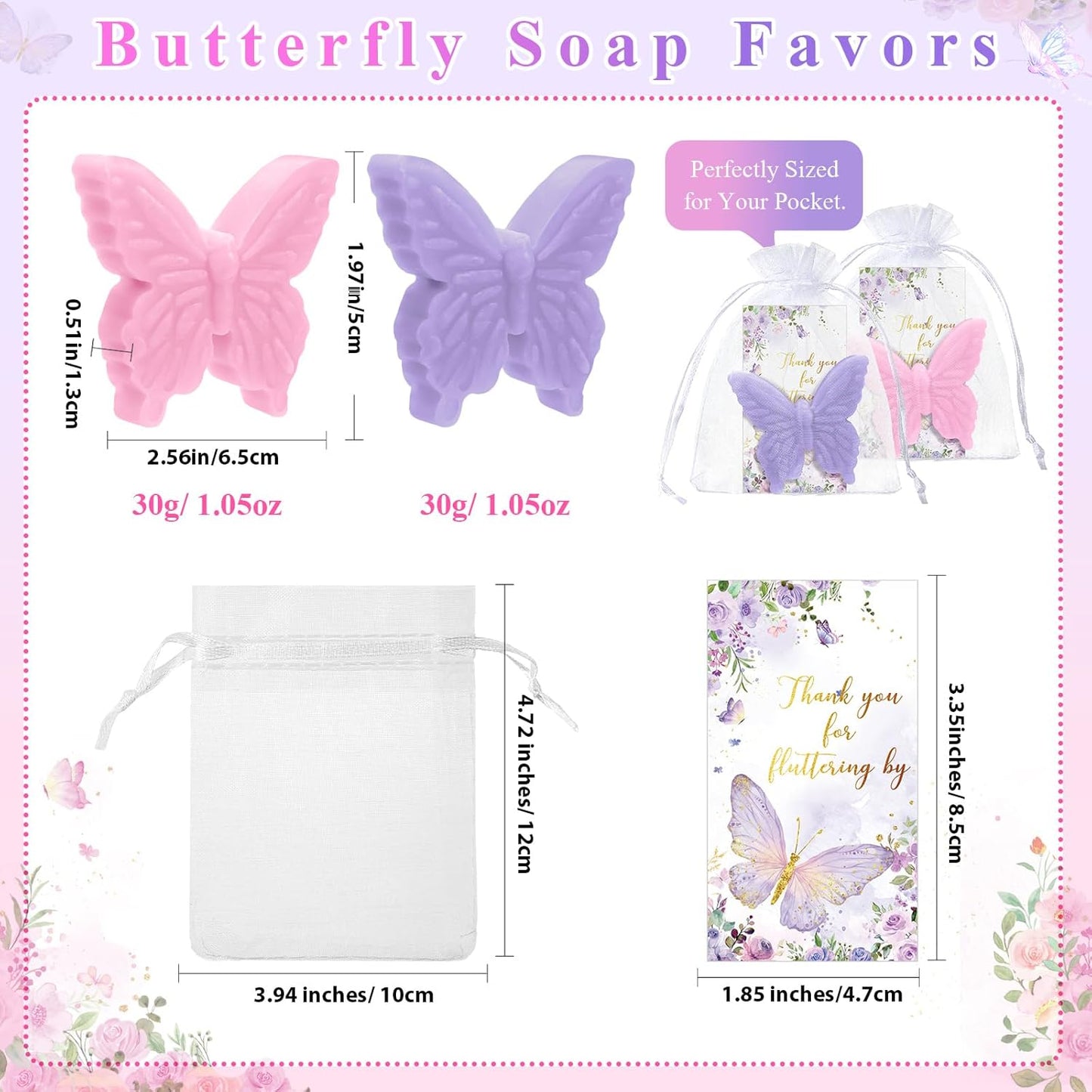 Dunzy 100 Sets Butterfly Theme Baby Shower Favors for Guests Butterfly Soap Favors with Thanks You Cards Gift Bags Gender Reveal Baptism Party Decorations Wedding Bridal Souvenirs (Purple,Pink)