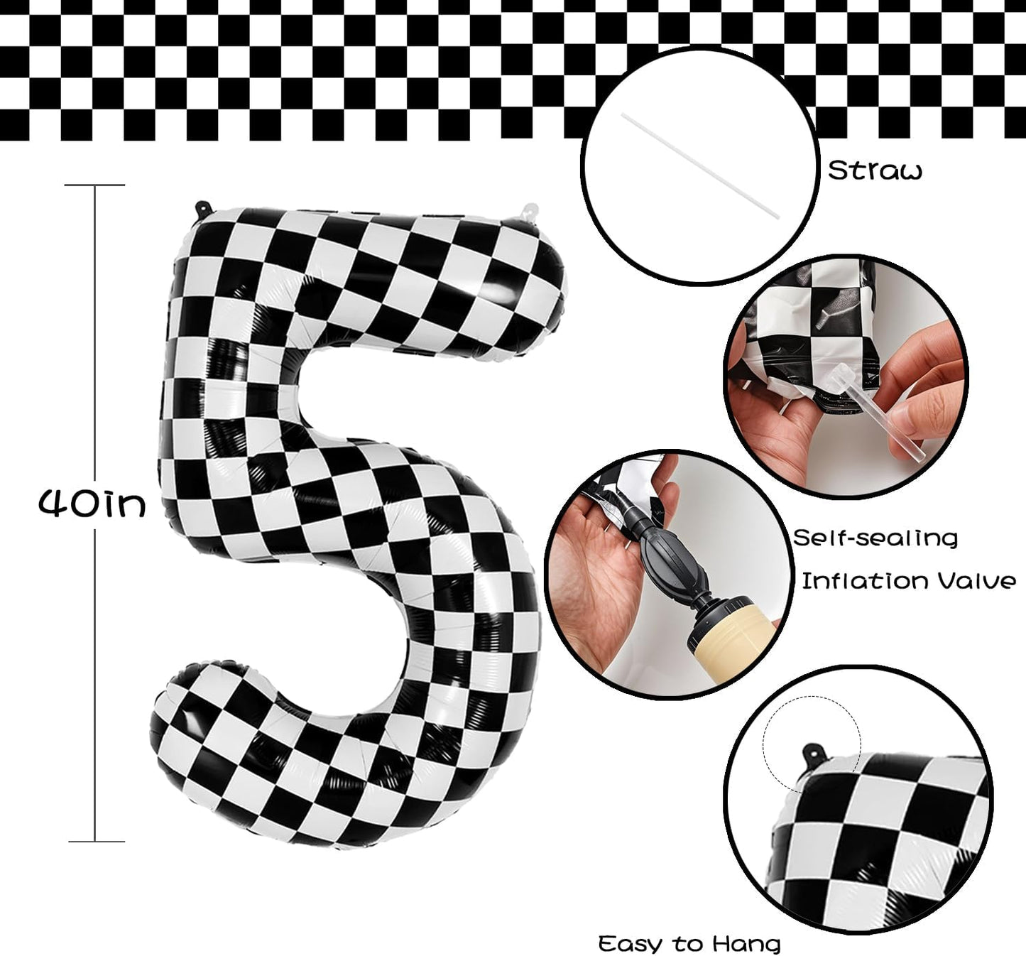 40 Inch Checkered Number Balloon - Race Flag Pattern Big Helium Balloon for Birthday Party Decorations - Black & White Balloon for Kids Adults Party Supplies (Racing Car, Number 5)