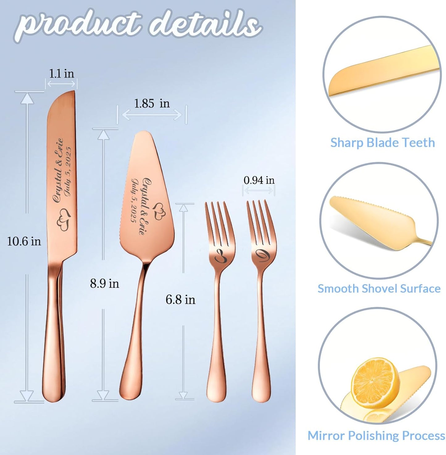 Personalized Wedding Cake Knife and Server Set, Custom Names Cake Cutting Set with Stainless Steel Forks, Customized Bridal Anniversary Birthday Wedding Registry Gifts for Couple (Rose Gold)