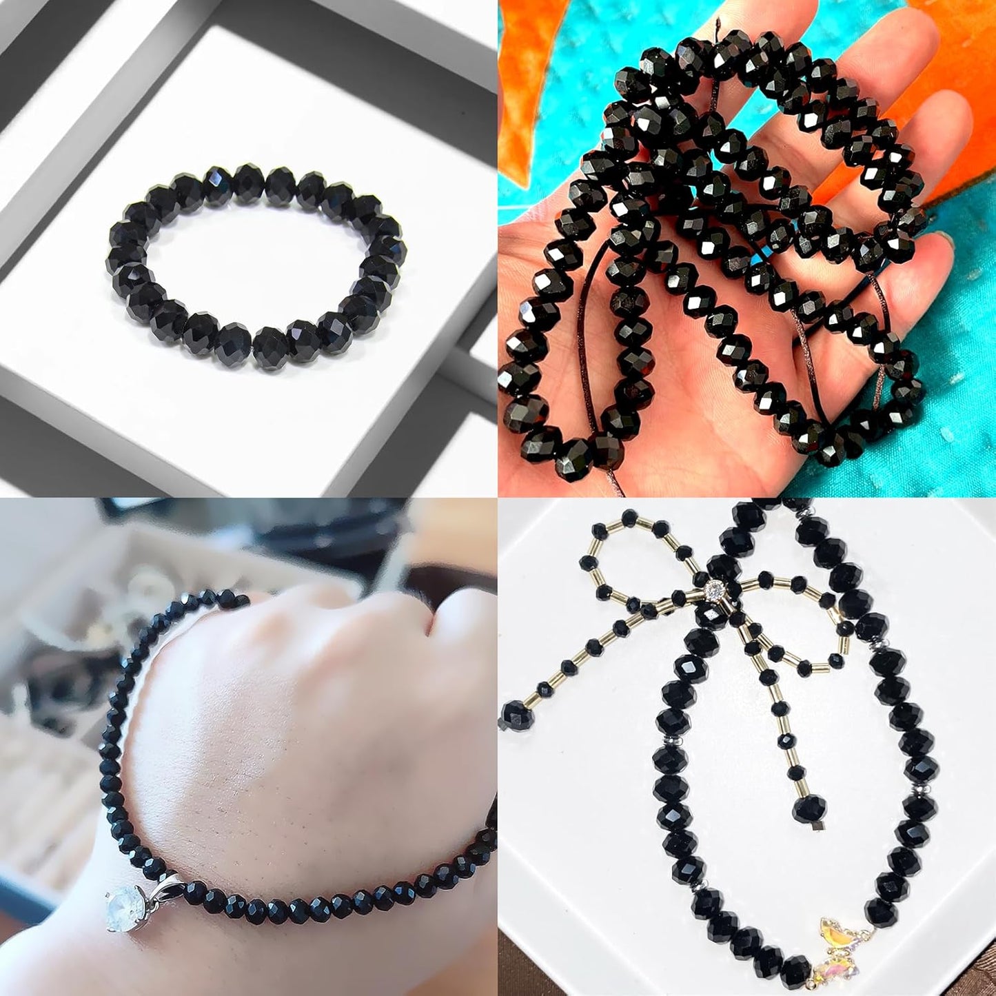 800Pcs 4/6/8/10mm Round Crystal Glass Beads for DIY Jewelry, Ideal for Bracelets, Necklaces, Pendants, and Handmade Craft Projects(Black)