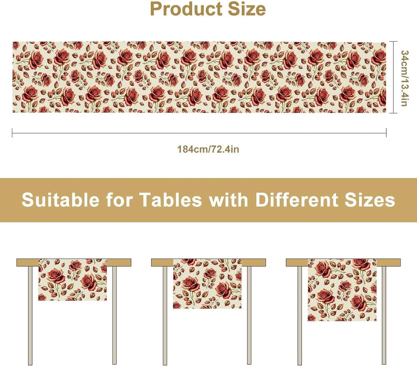 Retro Rose Table Runner, Romantic Love Elegant Plant Red Golden Flower Print Table Runner for Kitchen Dinning Table Runner Decor Home Wedding Party Holiday, 13x120 Inch
