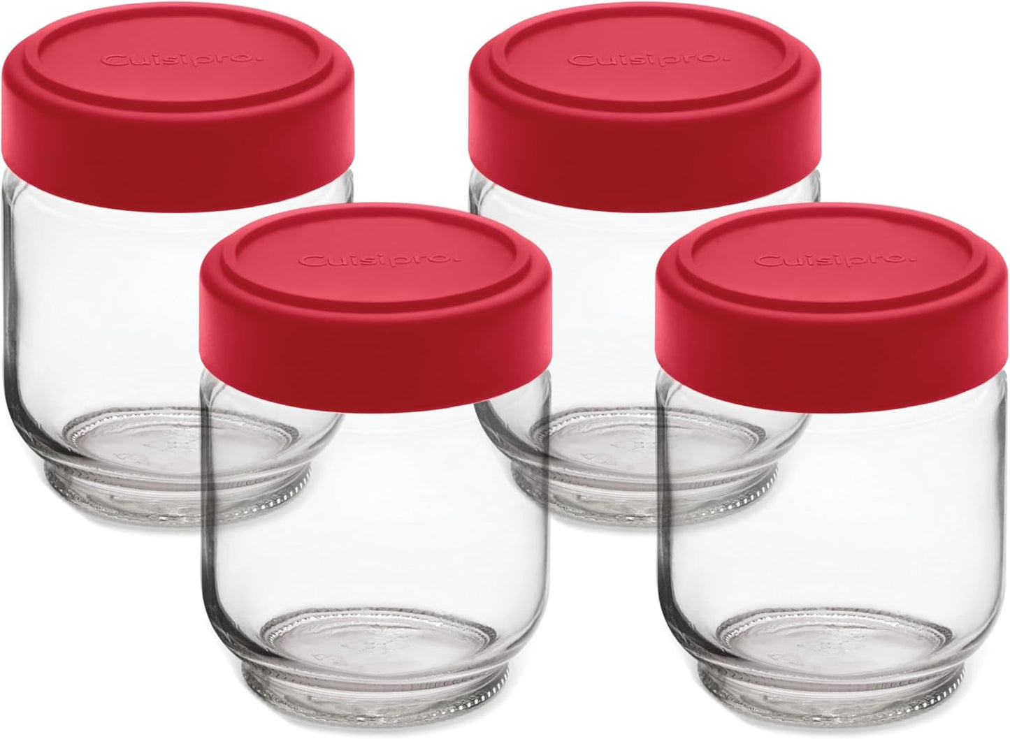 Cuisipro Jars with Lids, 6 Oz Glass Jars with Airtight Lid Wide Mouth, 4 Pack, Canning Jars for Liquid, Glass Container for Yogurt, Spice, Red
