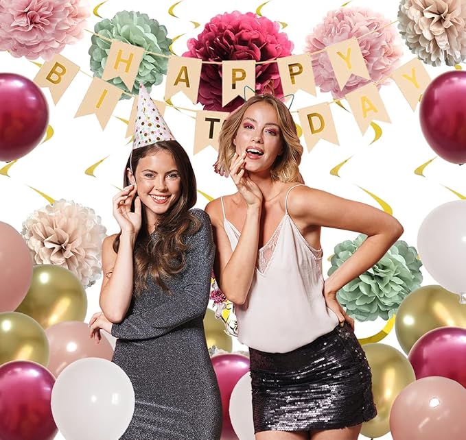 Burgundy Pink Birthday Decorations for Women with Happy Party Decor Balloons Banner Sage Tissue Pom Poms Gold floral Cake Topper and Hanging Swirls(Green Pink)