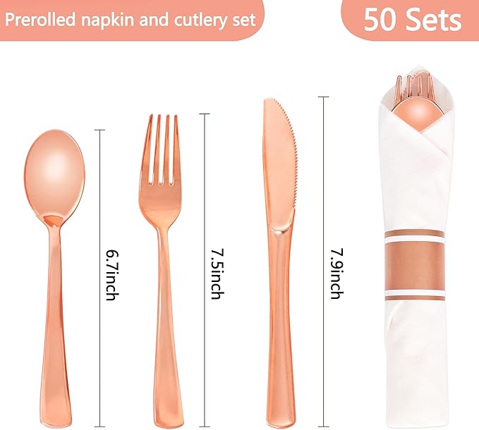 50 Pack Pre Rolled Rose Gold Plastic Silverware Set,Wrapped Plastic Cutlery Set with Napkin Include 50 Forks,50 Spoons,50 Knives and 50 White Napkins for Party,Wedding