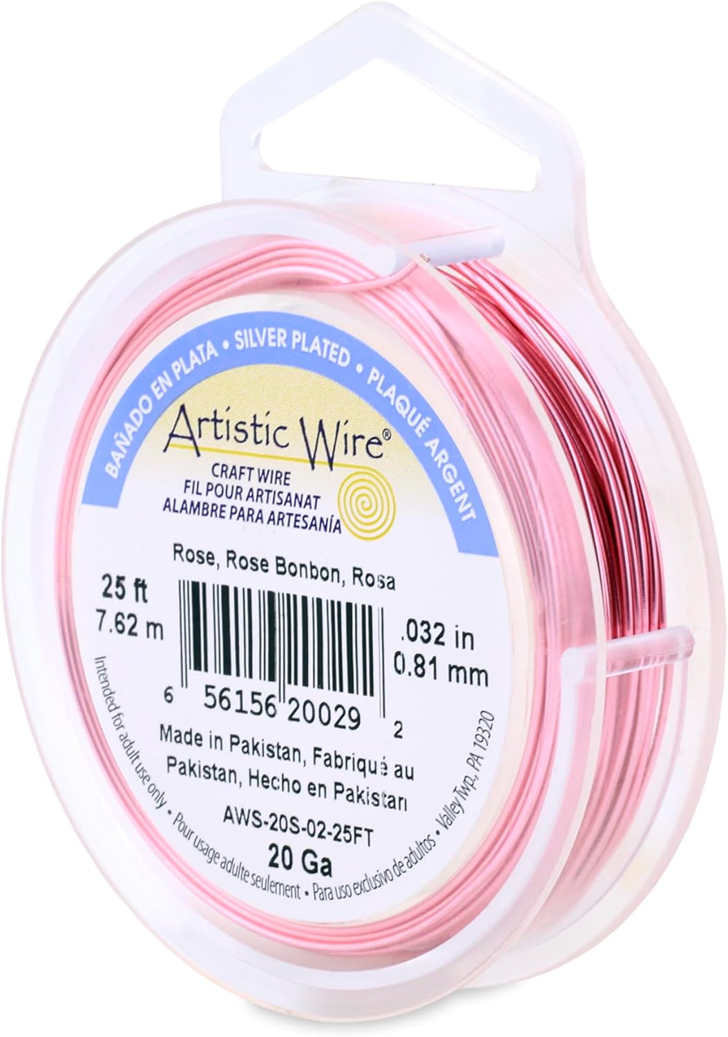 Artistic Wire, 20 Gauge Silver Plated Tarnish Resistant Colored Copper Craft Wire, Rose, 10 yd