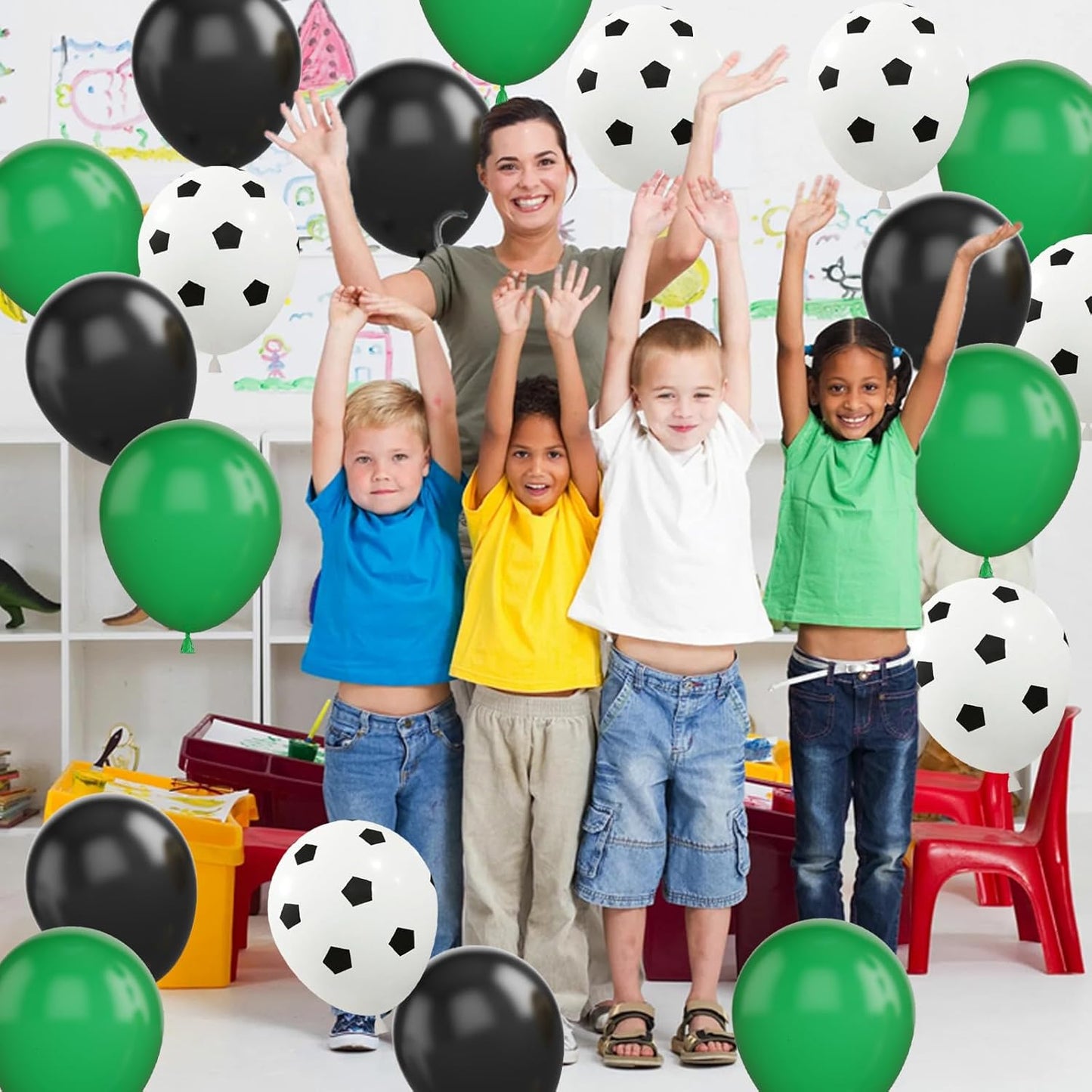Football Balloons, 12 Inch Green Black White Latex Soccer Printed Balloons With Ribbons for Boys Football Party Sports Anniversary Baby Shower Decorations